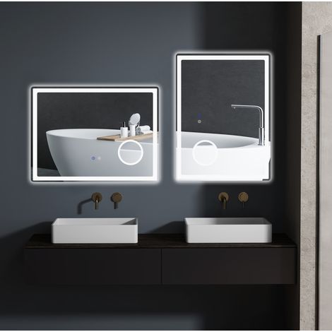 Espejo de baño LED 80 x 60 cm con aumento 3x, función táctil, 3 temperaturas de luz y antivaho (1/5)