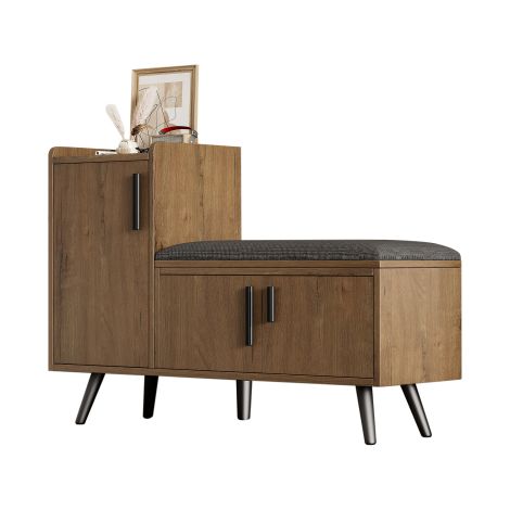 Banc à chaussures bois naturel, assise rembourrée et étagères réglables