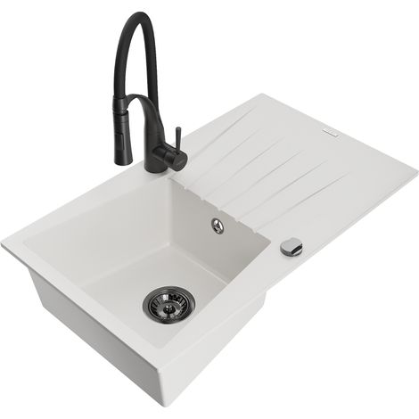 Mexen Cesar lavello in granito a 1 vasca con scolapiatti e miscelatore cucina Aster, bianco - 6514-20-73450-70-B (1/5)