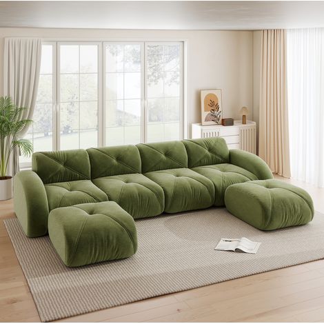 Divano modulare a U 4 posti in ciniglia verde con 2 pouf, senza montaggio (1/5)