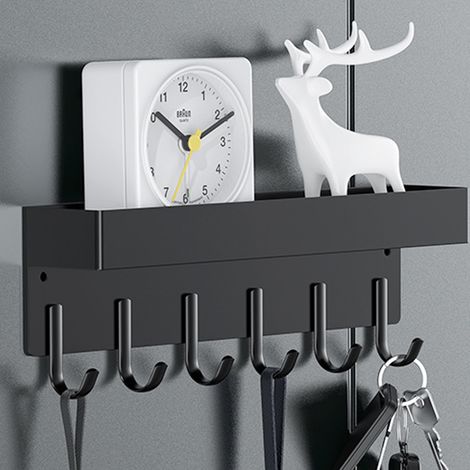 Stützwandgemälde Magnétique pour Clés, Petit Porte-Clés en Métal avec Plateau, 24 cm, 6 Häkeln, 2 Installationsoptionen, Schwarz (1/5)