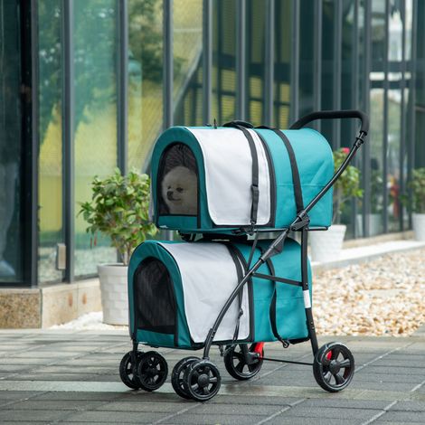 Cochecito Doble para Perros Gatos Plegable con 2 Transportines Extraíbles con Cinturón y Cojines 66x50x98cm Verde y Gris (1/5)