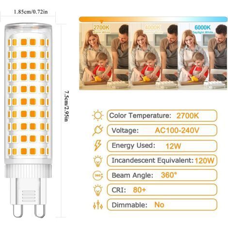 Ampoule LED G9 12W, équivalente à une LED halogène de 120W, blanc chaud 2700K, IRC80, AC100-240V, non dimmable, paquet de 5 [Classe énergétique A] (1/4)