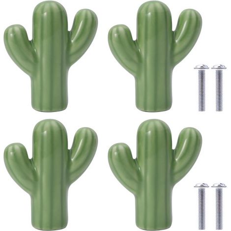 Deux poignées de meubles en céramique en forme de cactus, adaptées aux tiroirs, aux chambres d'enfants, aux armoires et aux étagères (vertes). (1/4)