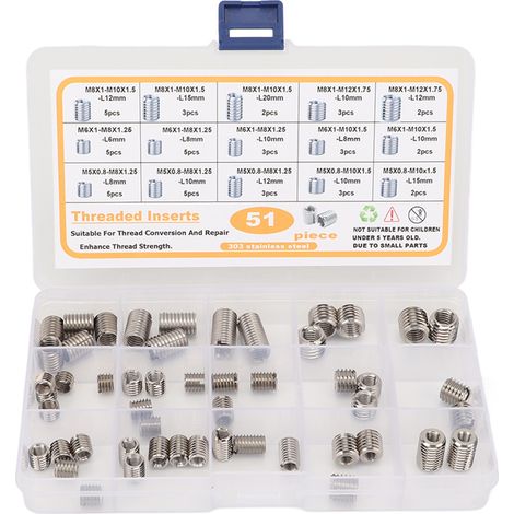51 Pcs Thread Repair Insert Assortment Kit M5 to M8 Stainless Steel Screw Thread Repair Insert with Storage Box