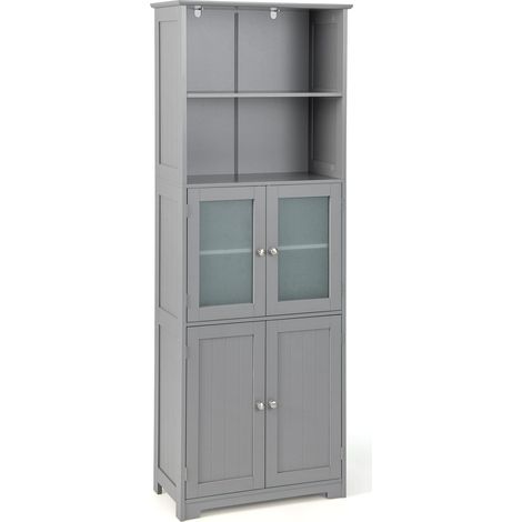 COSTWAY Armadio da Bagno, Mobiletto Alto da Terra con 2 Armadietti e Ripiani Regolabili, con Ante in Vetro, Mobile Portaoggetti Multiusi per Bagno Soggiorno, 60x30x163 cm (Grigio)