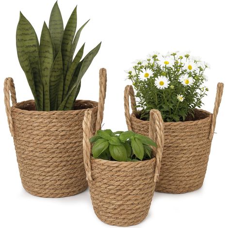 Relaxdays Blumentopf, 3er Set, Schilf, Pflanzentöpfe mit Folie & Griffen, 3 Größen, Boho-Style, runde Übertöpfe, natur
