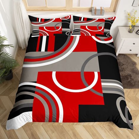 Parure de lit avec housse de couette de 135 x 200 cm et taies d'oreiller de 80 x 80 cm Motif géométrique moderne Rouge/noir/gris Motif cercles Pour enfant, garçon et fille (1/5)