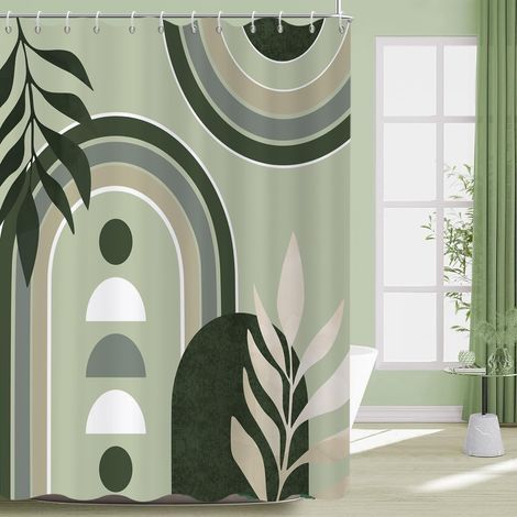 Rideau de Douche, 200x180cm, Vert Art Moderne Abstrait du Milieu du Siècle Boho Géométrique Imperméable Rideau de Salle de Bain Lavable en Machine avec Crochets (1/5)