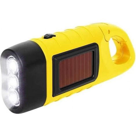 Lampe de Poche - Rechargeable Solaire et à Manivelle - Pour Camping et Urgence - 3 LED - Avec Mousqueton - 1 Pièce