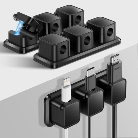 Clips Câble Organisateur Bureau, 3Pcs Organisateurs de Câbles Magnétiques avec Base Fixe, Range Câbles Silicone Fixe pour Câbles de Chargeur/Souris/Écouteur/Ustensiles de Cuisine, Noir (1/5)