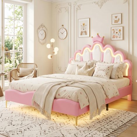 Lit Double Capitonné 140x190 cm, Lit Princesse Rose avce LED Réglable - Cadre de Lit Rembourré Féerique, Sommier Inclus - Scandinave