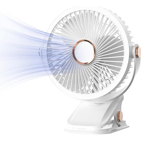 Ventilatore da tavolo silenzioso, 3 velocità, con clip, luce ambientale, rotazione a 360°, ventilatore da tavolo ricaricabile per ufficio, casa, campeggio, passeggino (1/5)