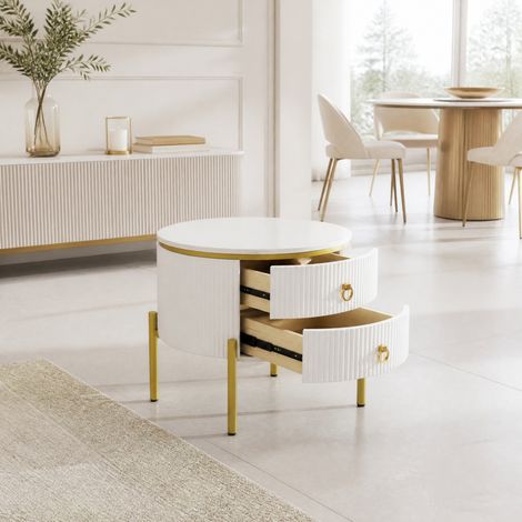 Tavolino rotondo 50x50x51 cm in MDF bianco e oro con contenitore FloraGrace (1/5)