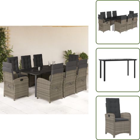 Rattanstuhl - vidaXL 9-tlg. Garten-Essgruppe mit Kissen Grau Poly Rattan - Sitzkissen (1/5)