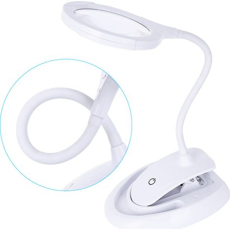 Lampe loupe LED rechargeable avec clip en métal Optique éclairante, lentille loupe en verre et 3 réglages de lumière réglables