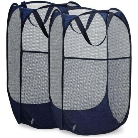 BUNTHAUS PA Panier à linge pliable en filet avec large ouverture et poches latérales : respirant, robuste, peu encombrant et pratique pour ranger les vêtements. (Bleu, lot de 2) (1/4)