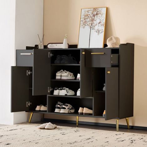 Armoire à chaussures - Gutent - Modèle avec 2 tiroirs et 4 portes - Noir - Style Scandinave - Durable (1/5)