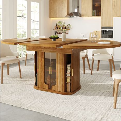Table extensible redonda de MDF color nogal, 118-158x118x77 cm, con almacenaje y frentes de vidrio ámbar (1/5)