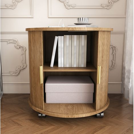 Table de chevet cylindrique avec station de charge, porte coulissante, chêne, 60 x 60 x 60 cm (1/5)