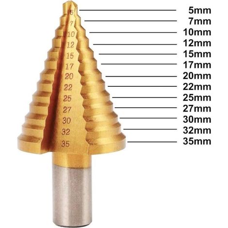 HSS Step Drill Bit, Titanium Coated Spiral Flute Step Drill Bit for Wood, Stainless Steel Sheet Metal (Round Shank, 13mm) (1/5)