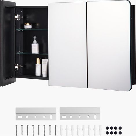 Armoire à pharmacie, 1017 x 647 mm, placard de rangement de salle de bain pour médicaments, avec miroir, cadre en aluminium et étagères réglables à 4 couches, installation encastrée et murale (1/5)