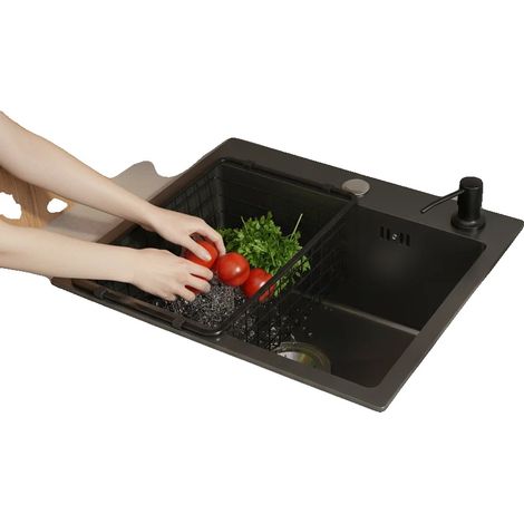 Évier de cuisine, 45cm x 40cm, double cuve, acier inoxydable, revêtement nano, capacité du distributeur de savon 150ml (1/5)