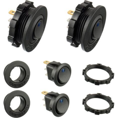 (4pcs)Interrupteur d'éclairage LED rond bleu KCD1-8 12V 20A Interrupteur à bascule étanche pour véhicules marins et divers Interrupteur d'éclairage étanche à 3 broches avec étui (1/4)