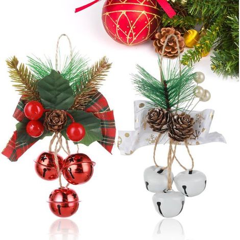 Grandes cloches déco de Noël, lot de 2 pour sapin et porte, avec couronne de Noël rouge et blanc. (1/5)