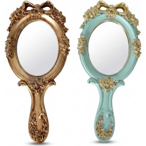 Miroir à Main Vintage, 2 Pièces Miroir avec Poignée Maquillage Ovale, Motif Rose en Relief, Portable pour Le Maquillage, Le Coiffeur, la Maison, Les Voyages (Vert, Or) (1/5)