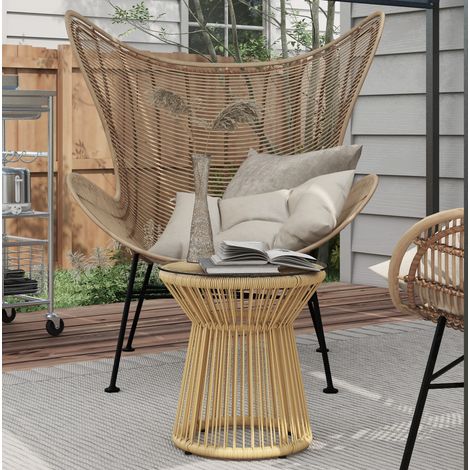 Table d'appoint de jardin ronde en résine tressée PE beige avec plateau en verre trempé, style bohème (1/5)