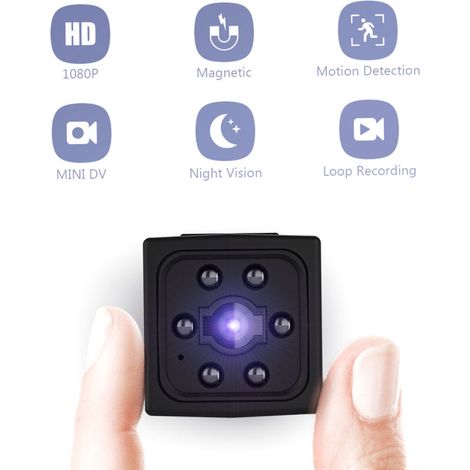 Mini caméra 720p portable HD avec détection de mouvement, idéale pour la sécurité intérieure discrète de la maison et du bureau. Batterie intégrée.