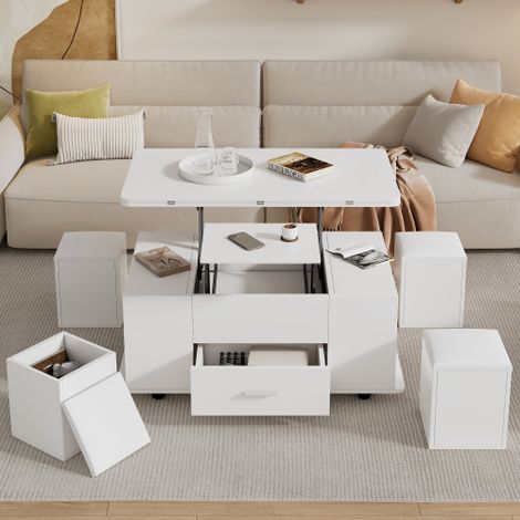 Table basse blanche, table basse transformable avec tiroirs et 4 tabourets, 100x50x45 cm (1/5)