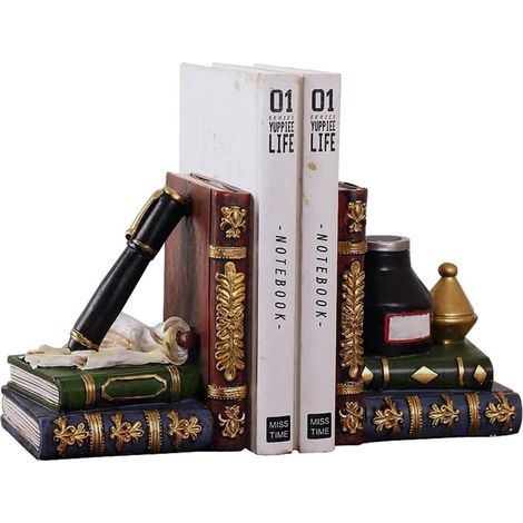 Serre-livres Neat Bookends - Cadeau CD DVD de bureau vintage robuste (stylo et bouteille d'encre, 6,3 x 6 x 4 pouces) (1/2)