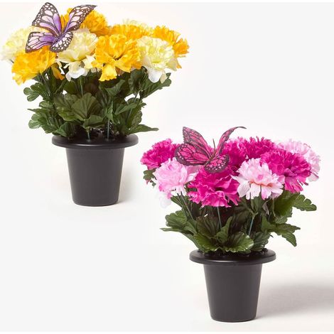 HOMESCAPES Set of 2 Yellow & Pink Carnation Artificial Flowers with Butterfly Decoration in Grave Vases (1/4)