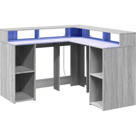 Bureau table poste de travail meuble d'ordinateur informatique étude et lumières LED sonoma 130 x 130 x 91cm bois ingénierie gris