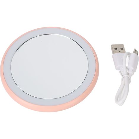 Petit miroir de maquillage rond rose rechargeable USB avec éclairage LED intégré, portable et compact (1/5)
