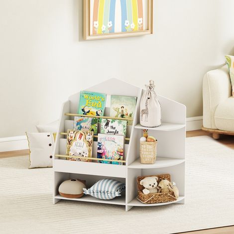 Estantería infantil AIYAPLAY con 7 estantes para libros y juguetes, bordes redondeados, soporta hasta 40 kg, color blanco. (1/5)