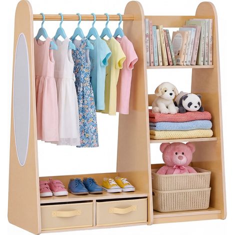 Penderie Enfant avec Miroir, Armoire Enfant en Bois avec Étagères, Bacs de Rangement et Tringle à Vêtements, Organisateur de Déguisements pour Fille, Meuble pour Chambre, Salle de Jeux, Naturel (1/5)