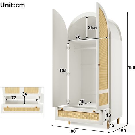 Armario de 80x50x180 cm de madera con aspecto de ratán, armario blanco con diseño arqueado, armario para ropa blanca con barra para colgar ropa y cajón, armario para dormitorio, habitación infantil, p (1/5)