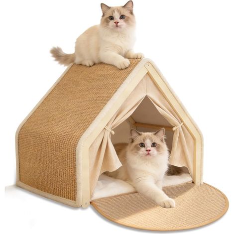 Cat House with Sisal Scratching Board, 2-in-1 Wooden Cat Tent, Indoor Cat Cave for 2 Cats, Breathable Cat Tentipi as a Cosy Sleeping Place and Retreat for Indoors, 52 x 40 x 40 cm, Beige (1/5)