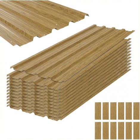 Ensemble de 12 panneaux de toiture en acier galvanisé de 7 m² pour abri de jardin, finition bois naturel 129 x 45 cm (1/5)