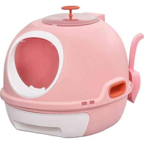 Portable cat litter box with sliding drawer, hinged door, and window + scoop included. Dimensions: 47L x 55W x 44H cm. Pink. (1/5)