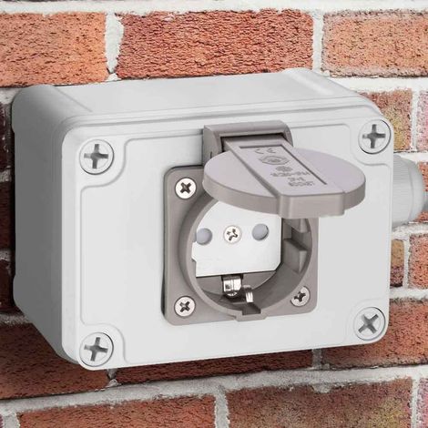 Prise Shucko électrique Boîte murale pour extérieur jardin étanche IP65 en plastique ABS ignifuge avec porte et protection enfants, dimensions 12,5 x 8 x 9 cm (1/5)