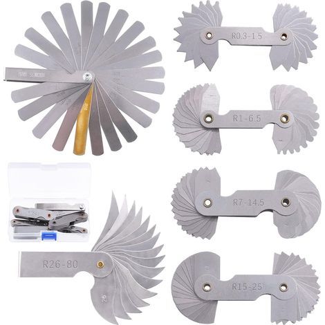 Lot de 6 jauges de rayon en acier inoxydable 5 tailles R0.3-1.5/ R1-6.5/ R7-14.5/ R15-25/ R26-80 avec jauge d'épaisseur 5 tailles métriques et impériales (1/5)