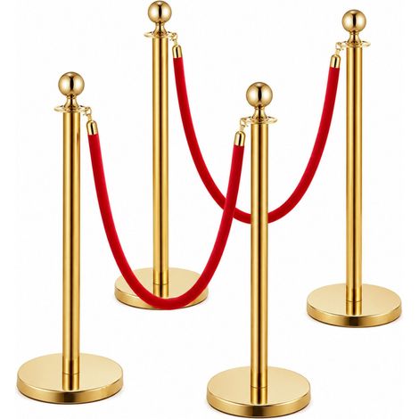 Relaxdays Set 4 pz. paletti delimitatori, guida-persone con corde di velluto, Vip, H x D: 95 x 32 cm, acciaio, oro-rosso (1/5)