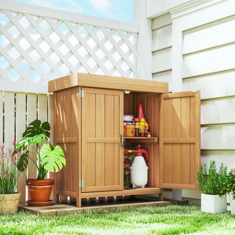 Outsunny Gartenhaus, freistehend, mit Doppeltür, Ablage und aufklappbarem Bitumendach, Maße: 74 x 43 x 88 cm (L x B x H), Massivholz Tannenholz