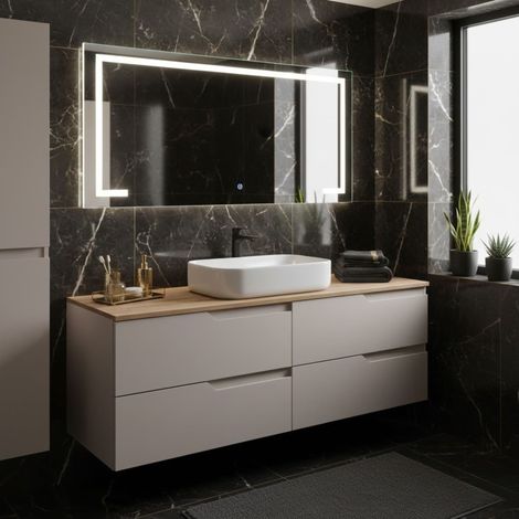 Meuble de salle de bain suspendu 120 cm, beige et brun, plan de toilette, 4 tiroirs, façades en MDF, sans vasque – MODERN
