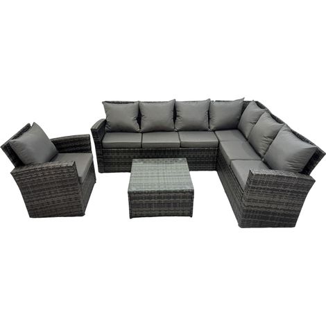 Fimous 7 places Dos haut Gris foncé mélangé rattan Canapé d'angle Fauteuil Table basse carrée Bonne Option (1/5)