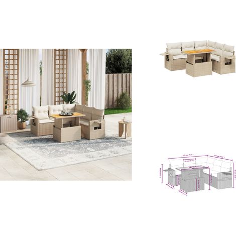 Salon de jardin avec coussins 6 pcs beige résine tressée - Ensemble Salon De Jardin - Meuble Extérieur - Résine Tressée - Rotin Synthétique - Table Extensible (1/3)